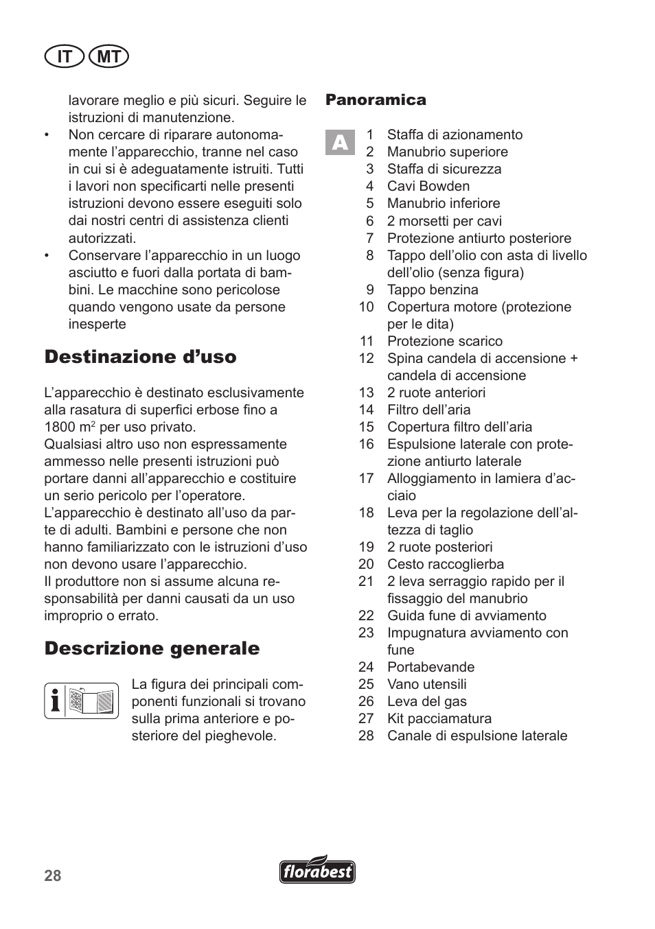 Destinazione d’uso, Descrizione generale, It mt | Florabest FBM 190 A1 User Manual | Page 28 / 100