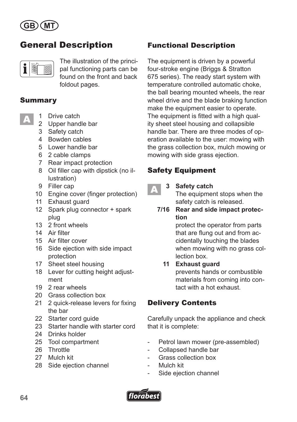 General description, Gb mt | Florabest FBM 190 A1 User Manual | Page 64 / 100