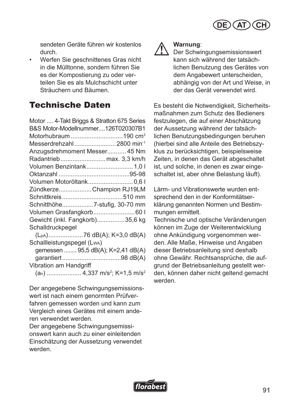 Technische daten, De at ch | Florabest FBM 190 A1 User Manual | Page 91 / 100