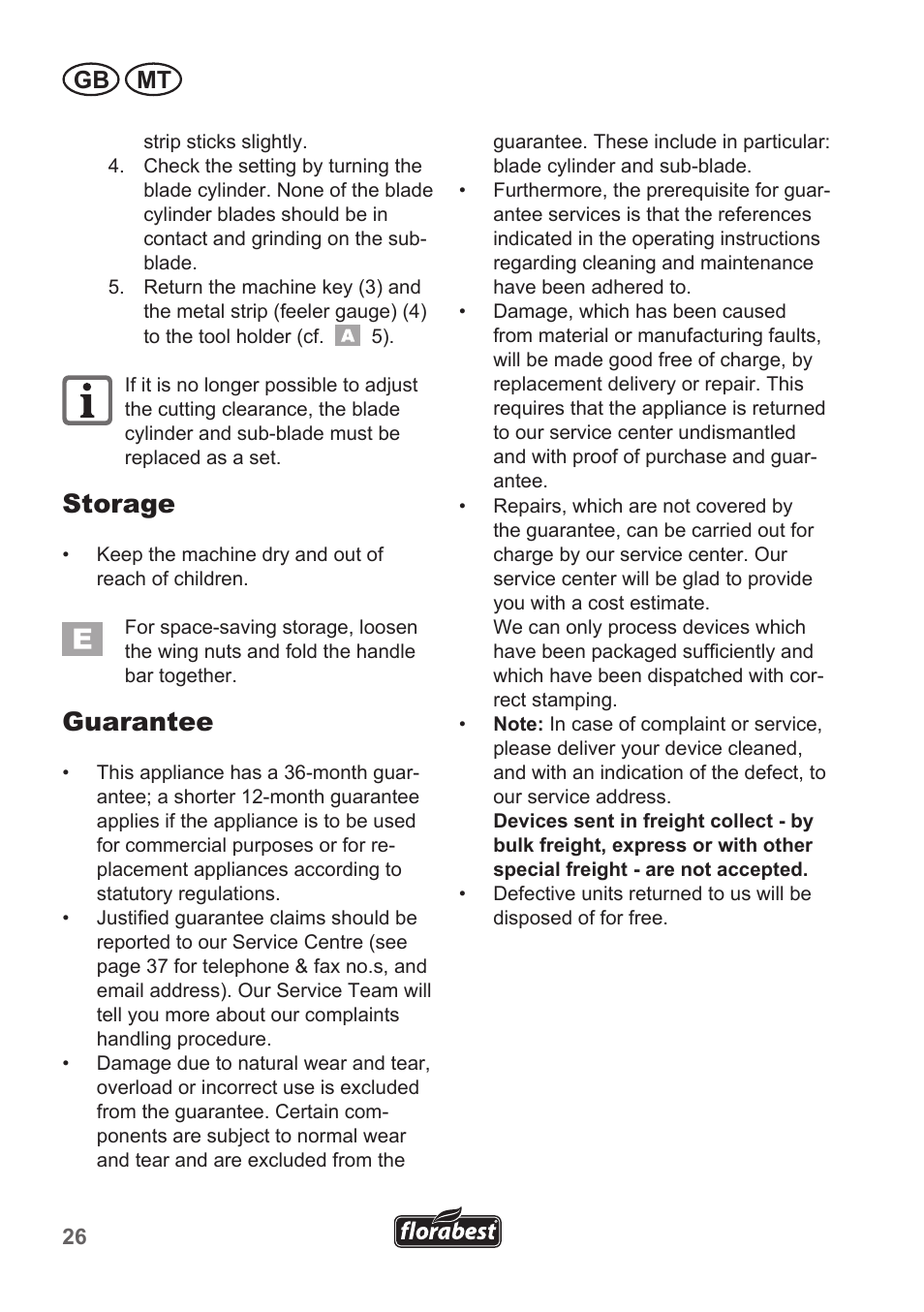 Storage, Guarantee, Gb mt | Florabest FHM 38 A1 User Manual | Page 26 / 38
