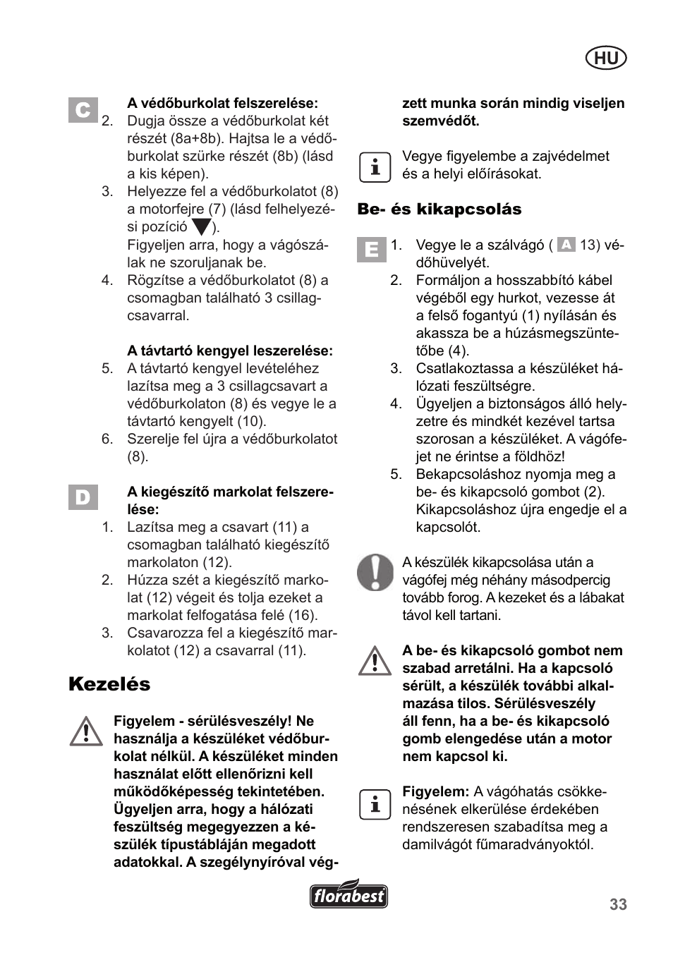Kezelés | Florabest FRT 450 A1 User Manual | Page 33 / 90