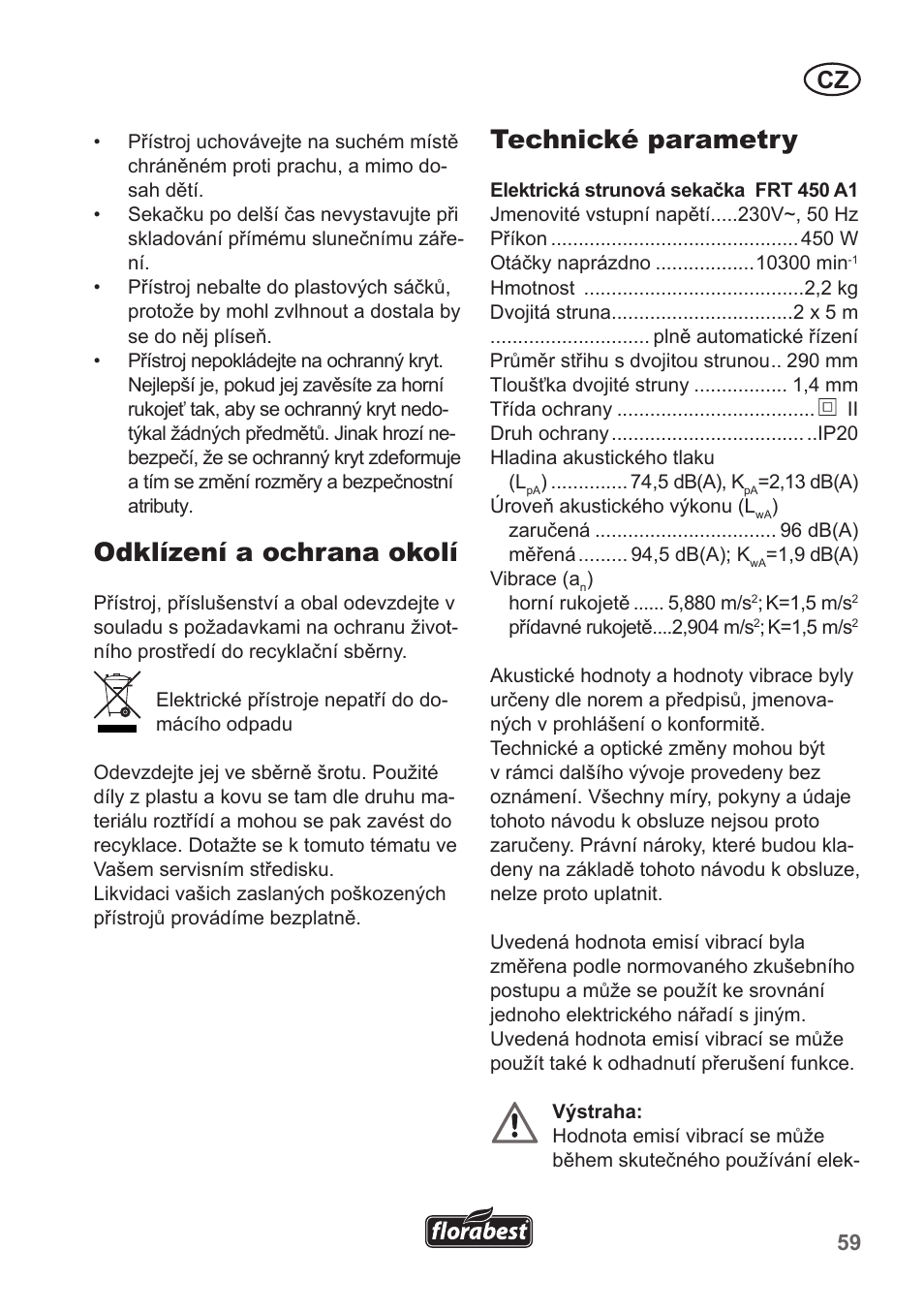 Odklízení a ochrana okolí, Technické parametry | Florabest FRT 450 A1 User Manual | Page 59 / 90