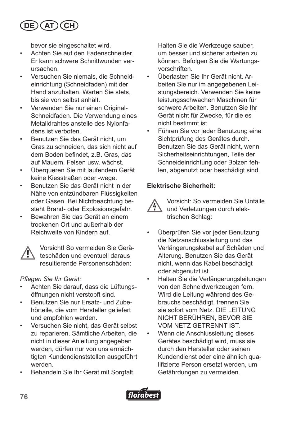 De at ch | Florabest FRT 450 A1 User Manual | Page 76 / 90