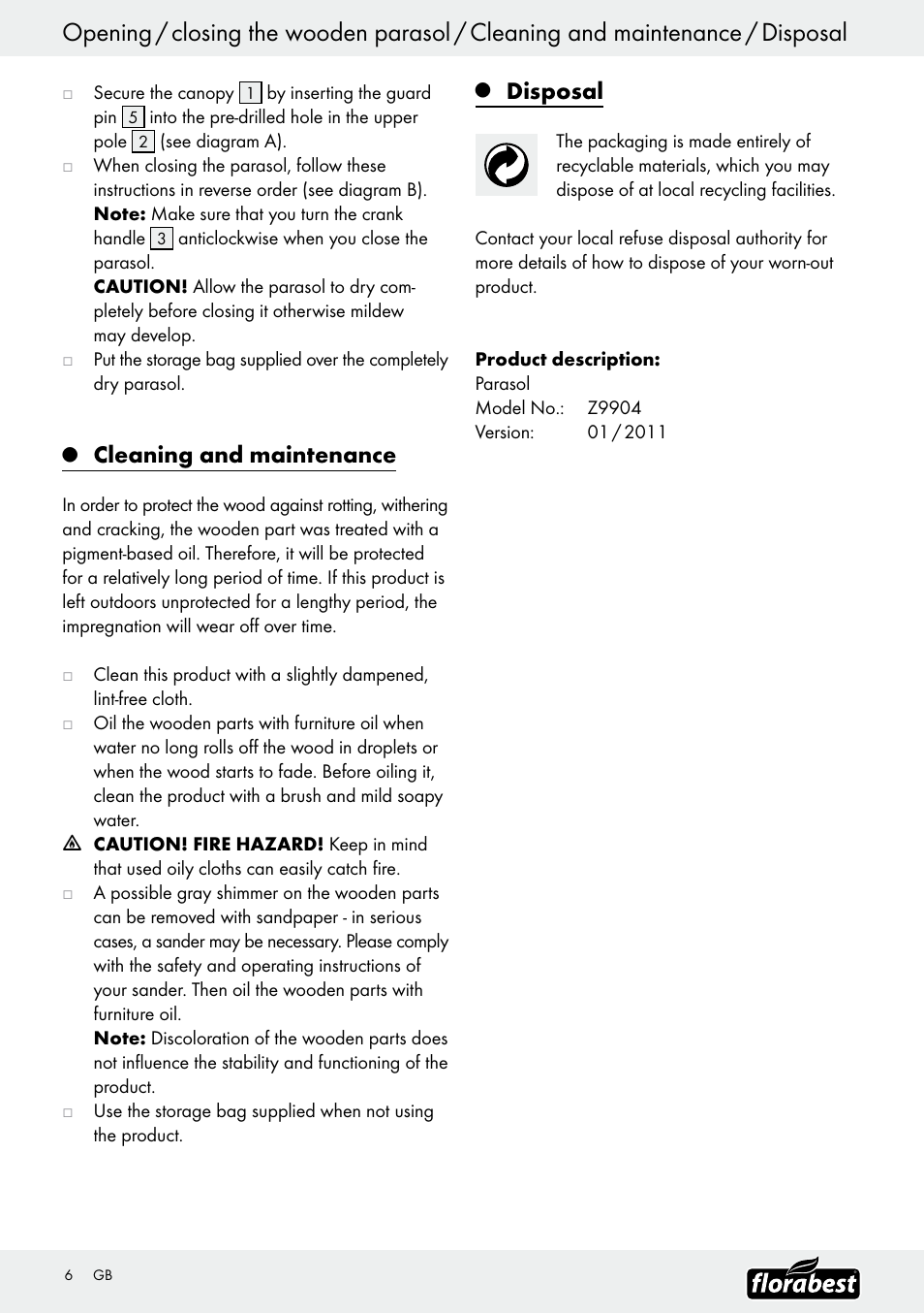 Cleaning and maintenance, Disposal | Florabest Z9904 User Manual | Page 6 / 25