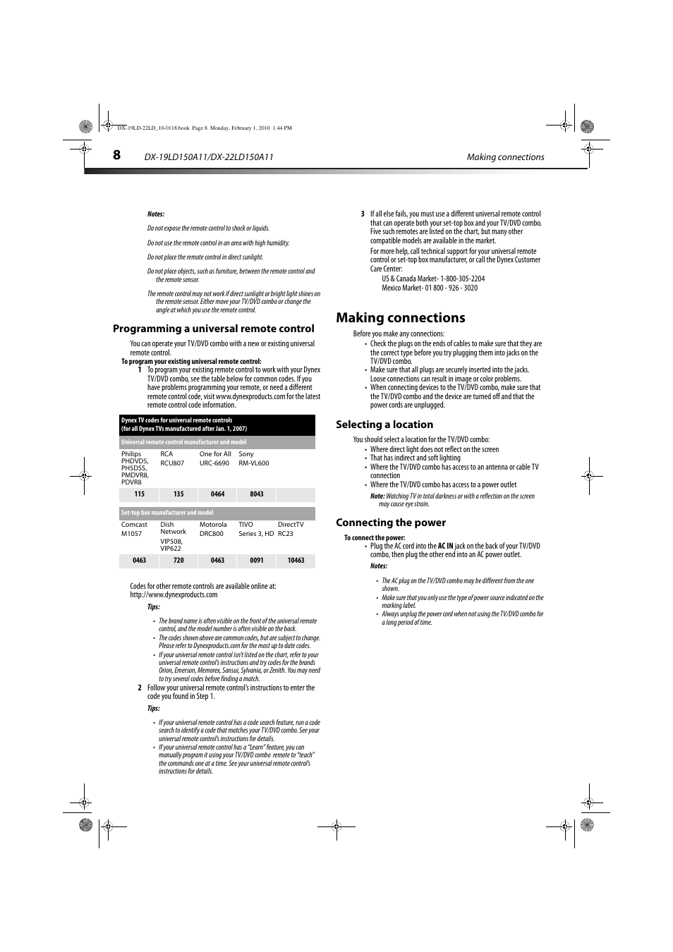 Programming a universal remote control, Making connections, Selecting a location | Connecting the power, Selecting a location connecting the power | Dynex DX-22LD150A11 User Manual | Page 11 / 40