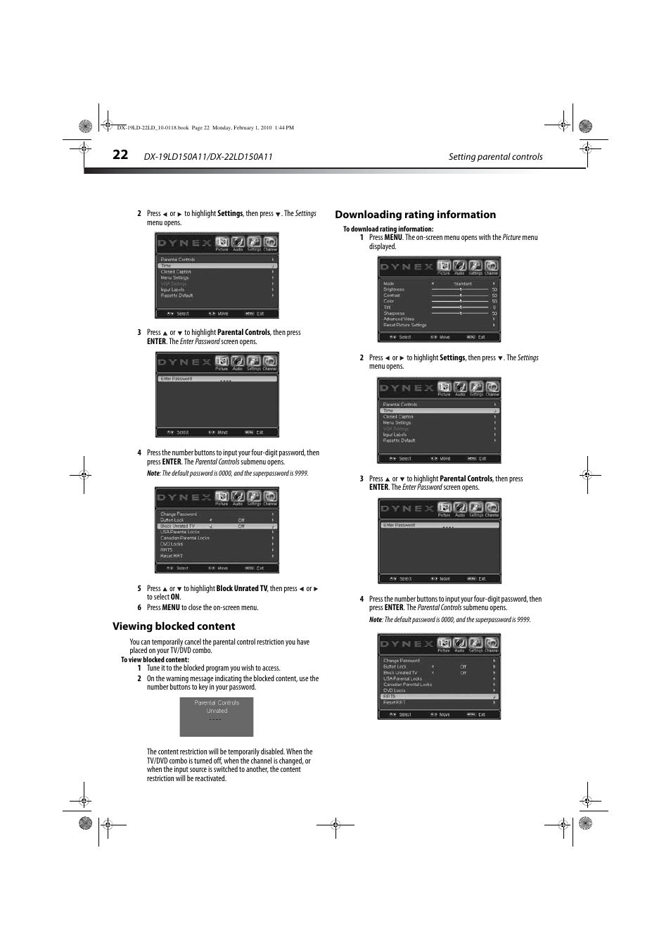 Viewing blocked content, Downloading rating information | Dynex DX-22LD150A11 User Manual | Page 25 / 40