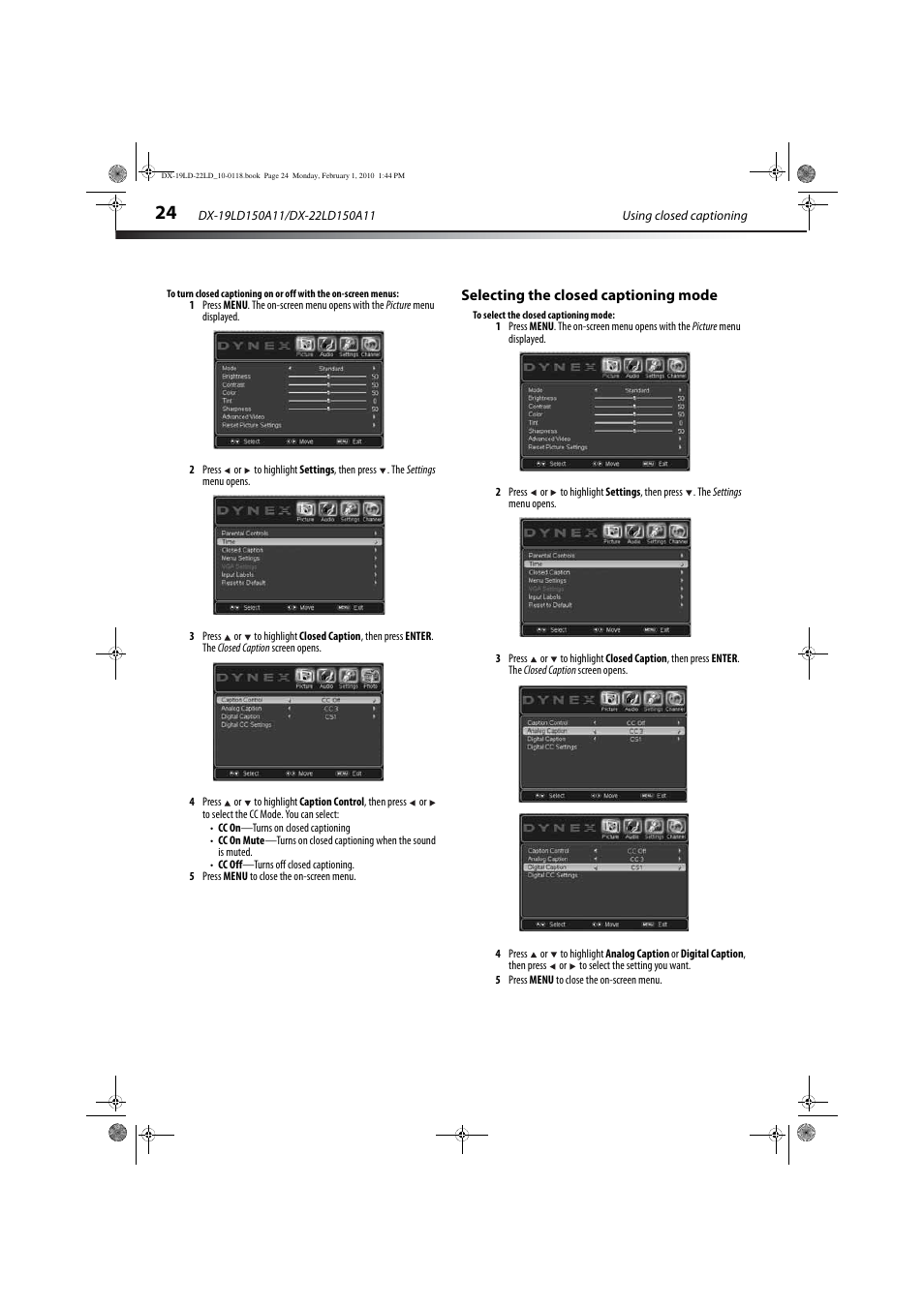 Selecting the closed captioning mode, E “selecting the closed captioning mode” on | Dynex DX-22LD150A11 User Manual | Page 27 / 40