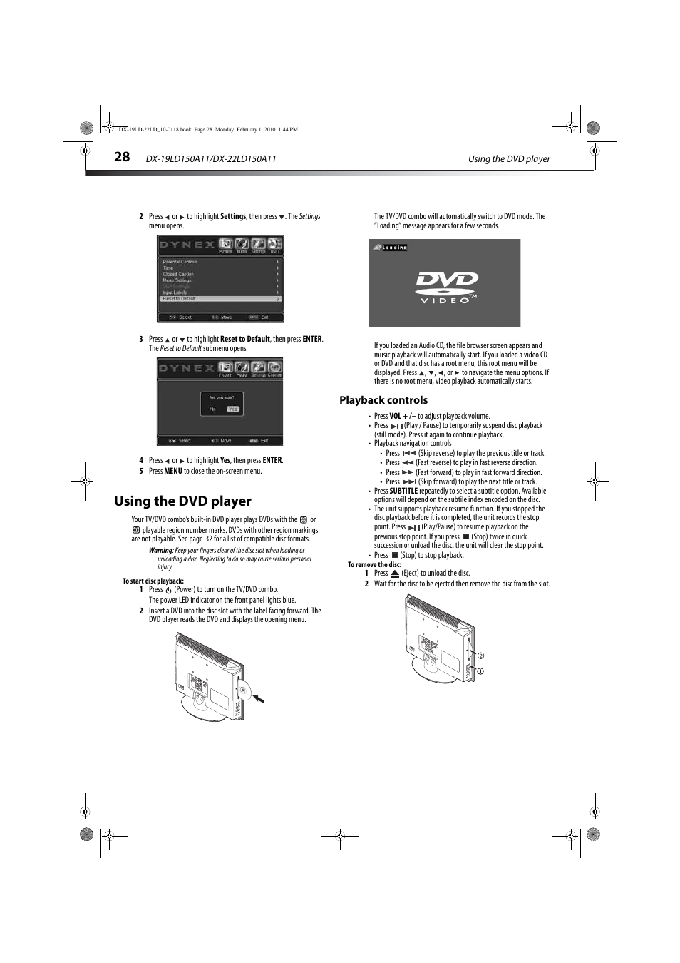Using the dvd player, Playback controls, Using the dvd player” on pag | Using the dvd player” on, Ee “using the dvd player” on, E “using the dvd player | Dynex DX-22LD150A11 User Manual | Page 31 / 40