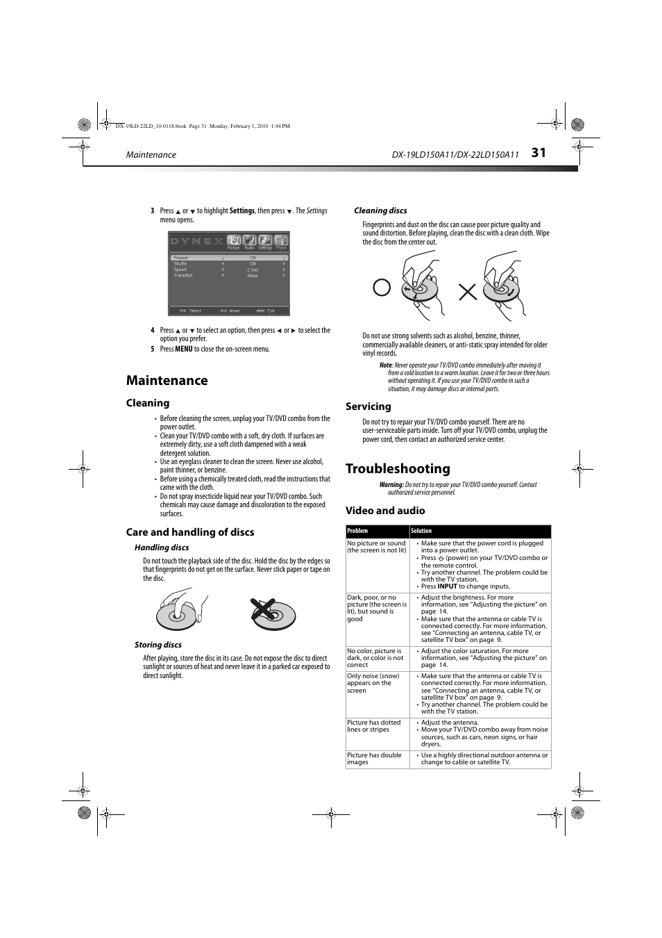 Maintenance, Cleaning, Care and handling of discs | Handling discs, Storing discs, Cleaning discs, Servicing, Troubleshooting, Video and audio, Cleaning care and handling of discs servicing | Dynex DX-22LD150A11 User Manual | Page 34 / 40