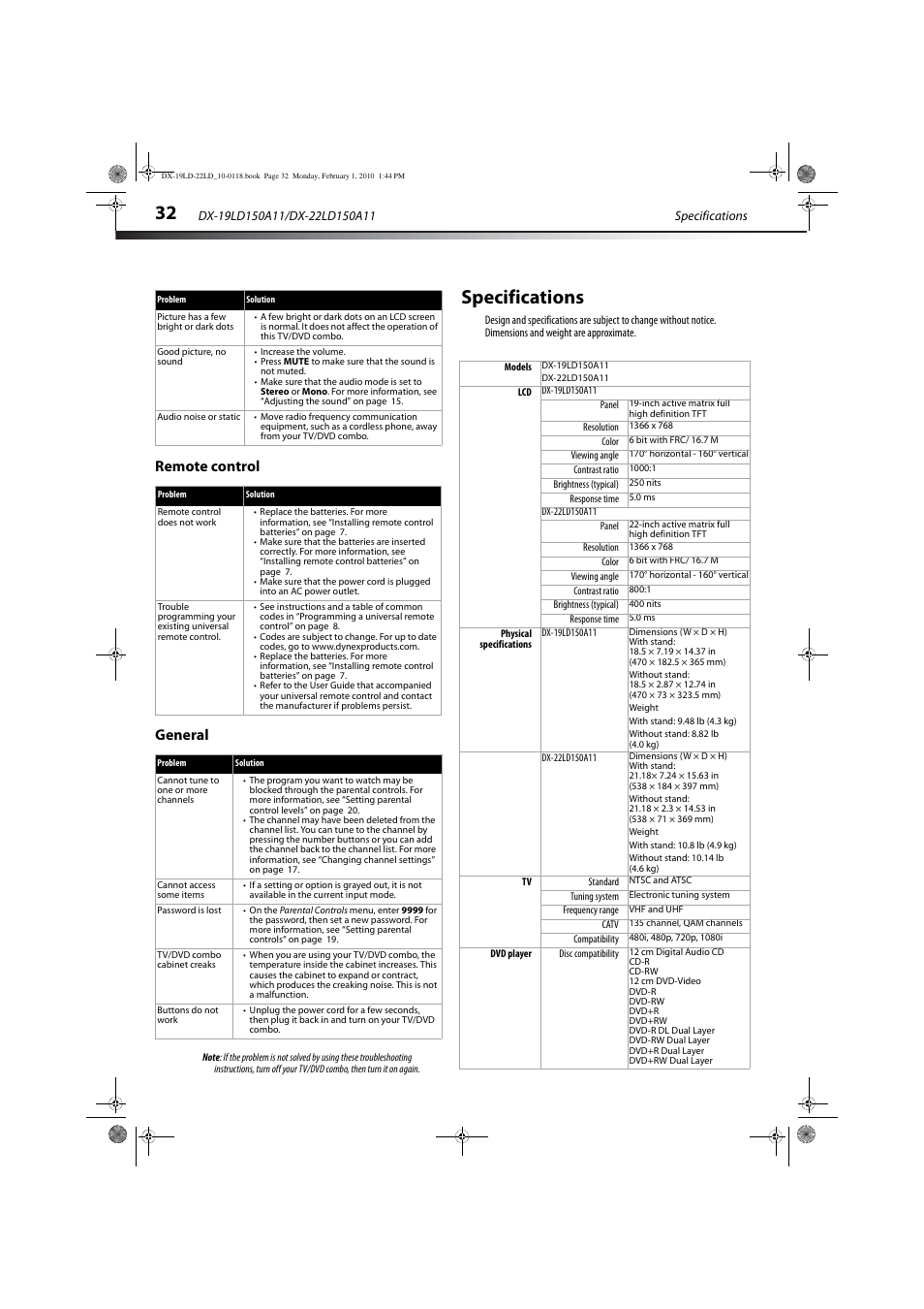 Remote control, General, Specifications | Remote control general | Dynex DX-22LD150A11 User Manual | Page 35 / 40