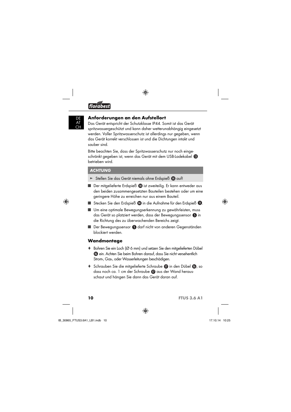 Anforderungen an den aufstellort, Wandmontage | Florabest FTUS 3.6 A1 User Manual | Page 13 / 66