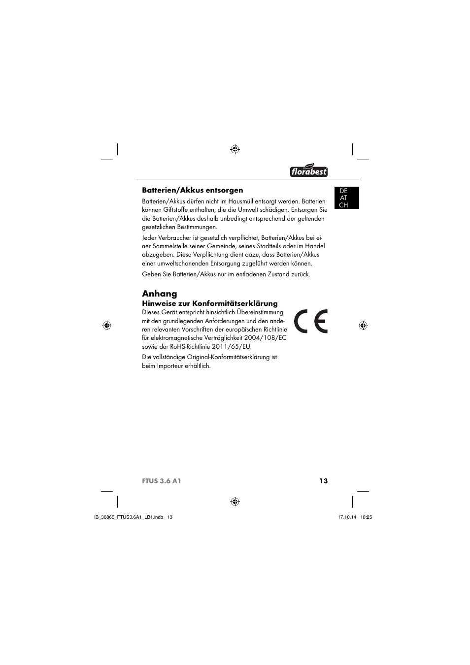 Anhang, Batterien/akkus entsorgen, Hinweise zur konformitätserklärung | Florabest FTUS 3.6 A1 User Manual | Page 16 / 66