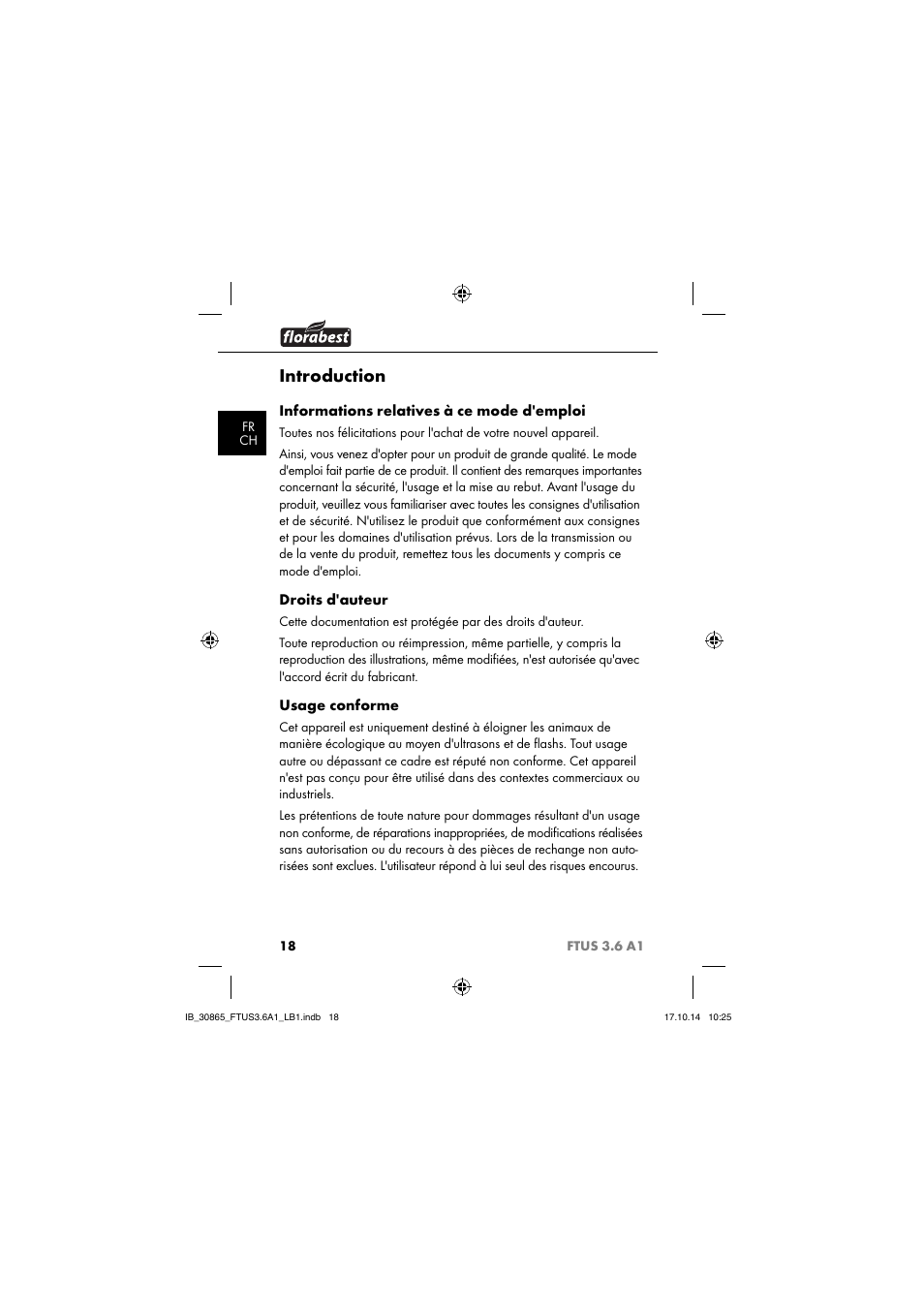 Introduction, Informations relatives à ce mode d'emploi, Droits d'auteur | Usage conforme | Florabest FTUS 3.6 A1 User Manual | Page 21 / 66