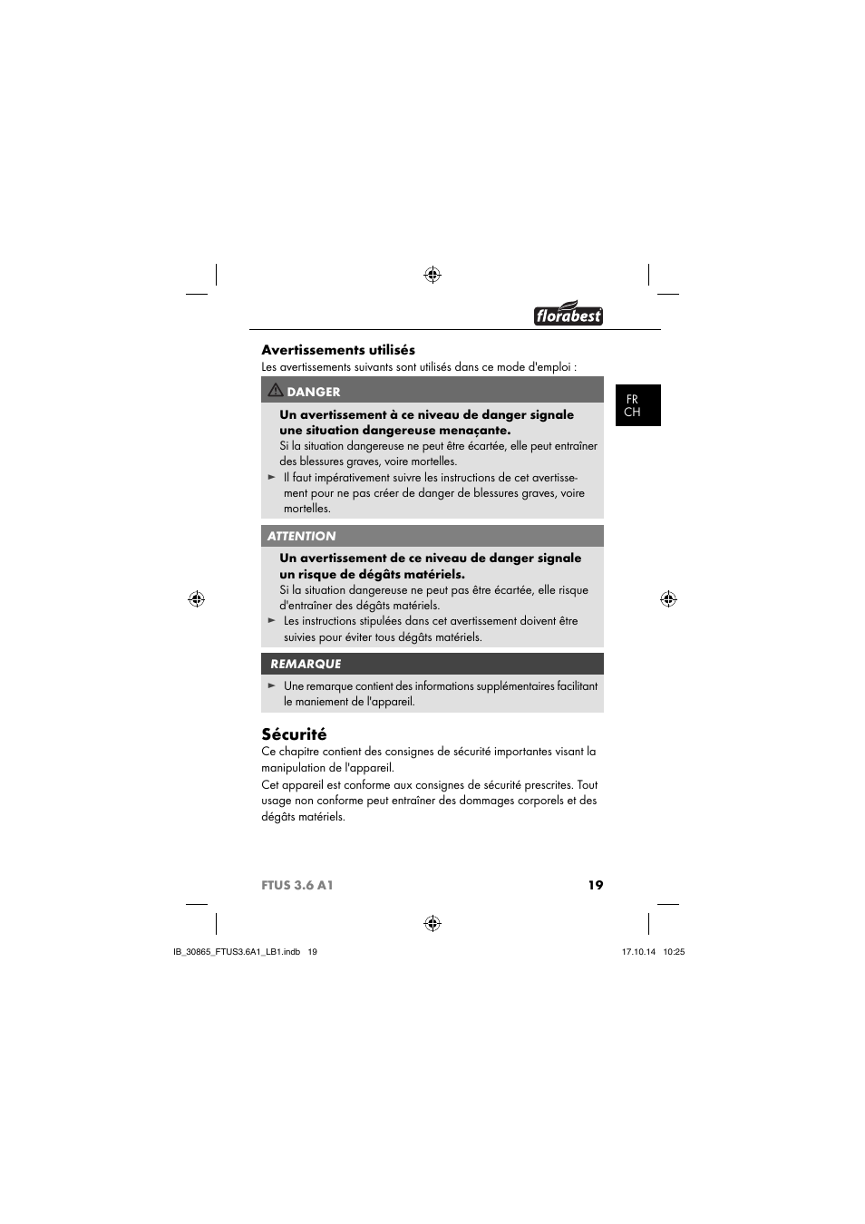 Sécurité, Avertissements utilisés | Florabest FTUS 3.6 A1 User Manual | Page 22 / 66
