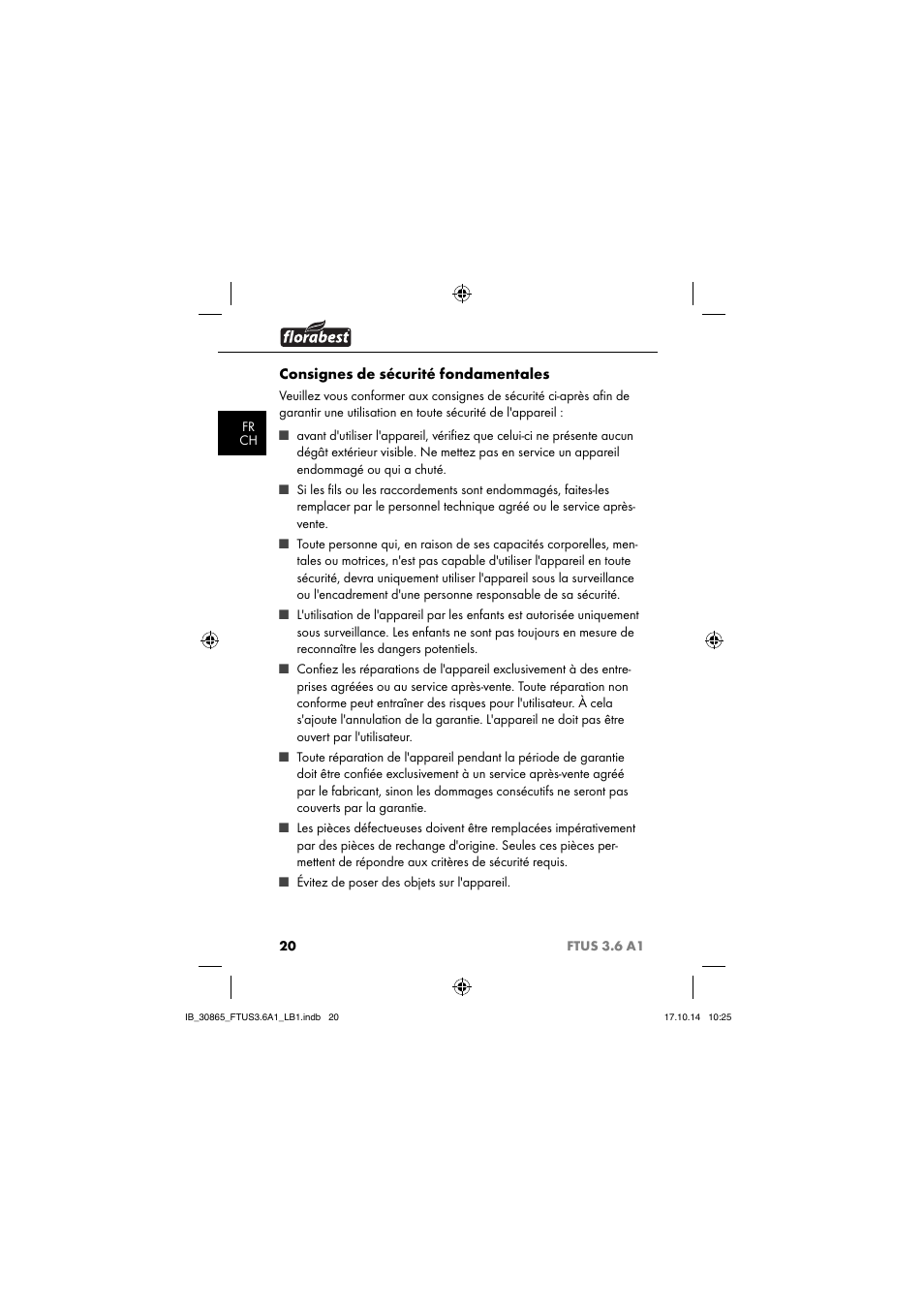 Consignes de sécurité fondamentales | Florabest FTUS 3.6 A1 User Manual | Page 23 / 66