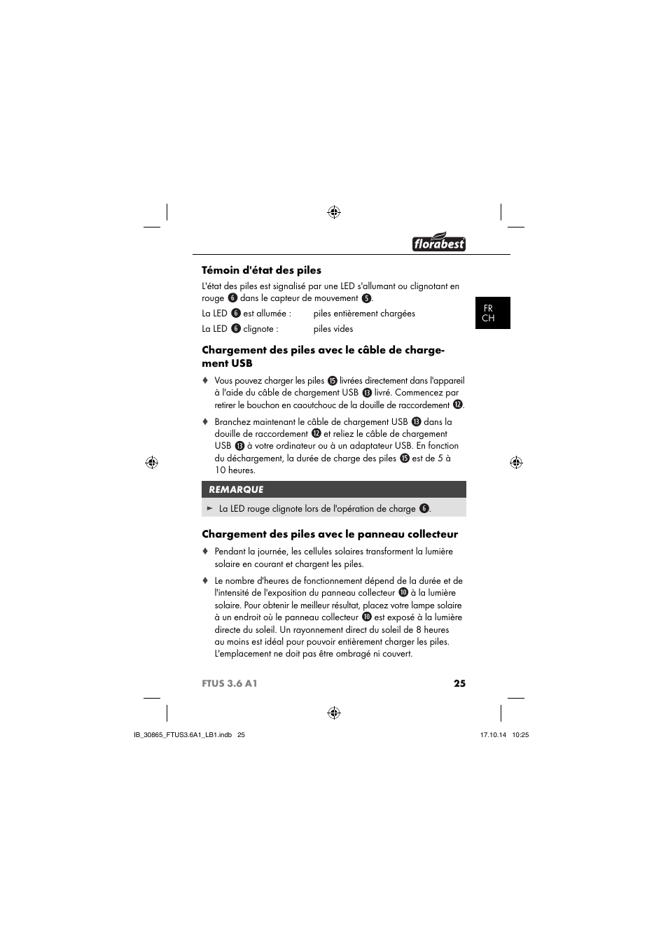 Témoin d'état des piles, Chargement des piles avec le panneau collecteur | Florabest FTUS 3.6 A1 User Manual | Page 28 / 66
