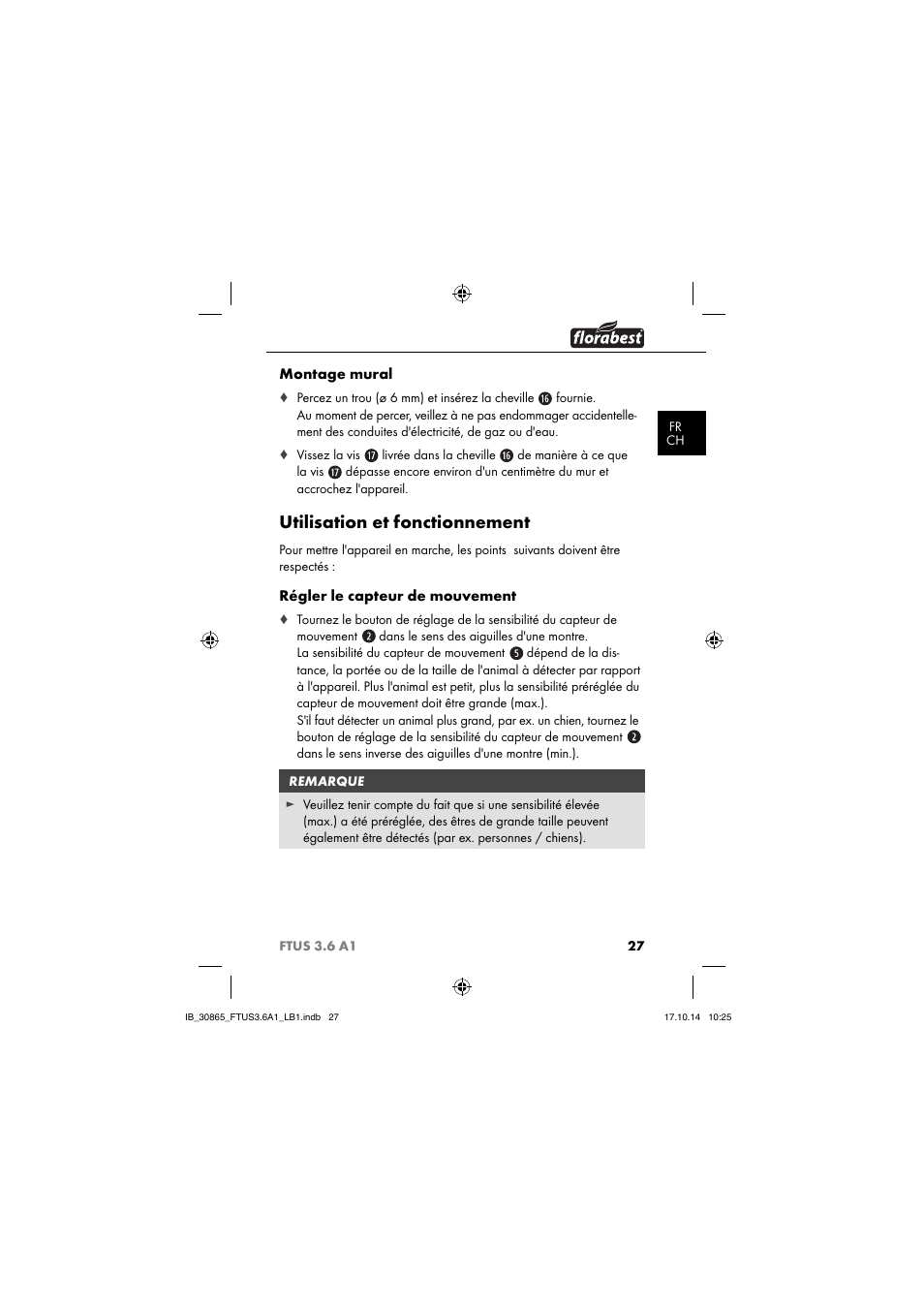 Utilisation et fonctionnement, Montage mural, Régler le capteur de mouvement | Florabest FTUS 3.6 A1 User Manual | Page 30 / 66