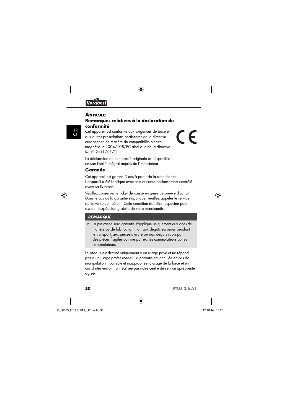 Annexe, Remarques relatives à la déclaration de conformité, Garantie | Florabest FTUS 3.6 A1 User Manual | Page 33 / 66