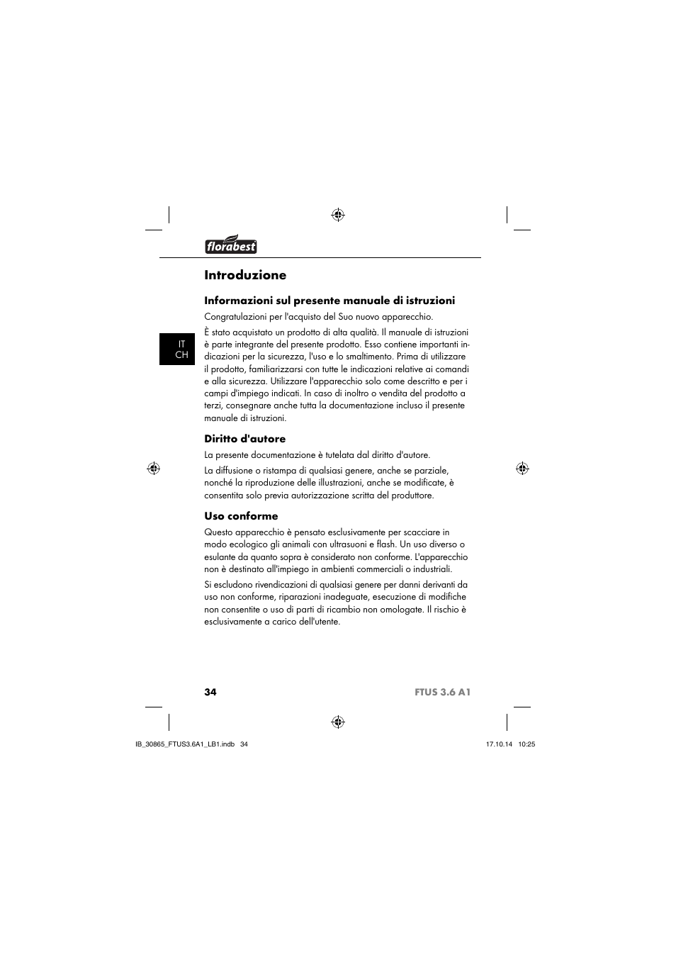 Introduzione, Informazioni sul presente manuale di istruzioni, Diritto d'autore | Uso conforme | Florabest FTUS 3.6 A1 User Manual | Page 37 / 66