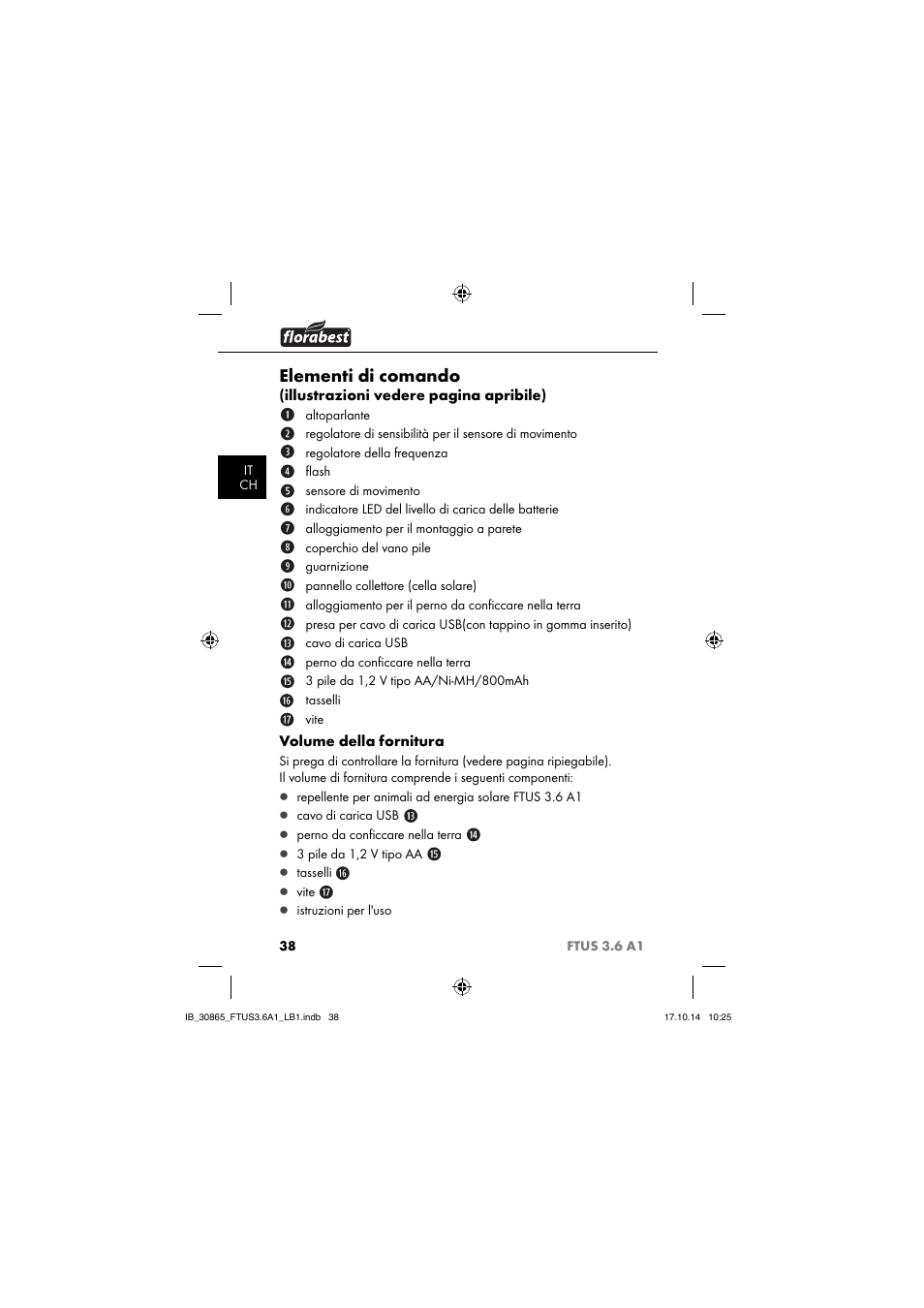 Elementi di comando, Illustrazioni vedere pagina apribile), Volume della fornitura | Florabest FTUS 3.6 A1 User Manual | Page 41 / 66
