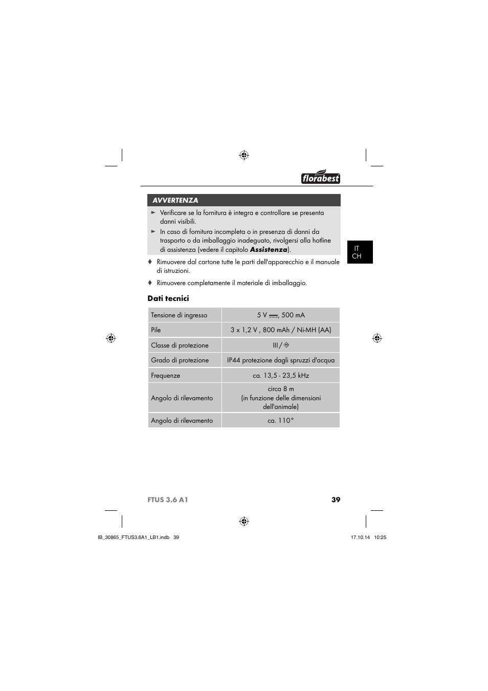 Dati tecnici | Florabest FTUS 3.6 A1 User Manual | Page 42 / 66