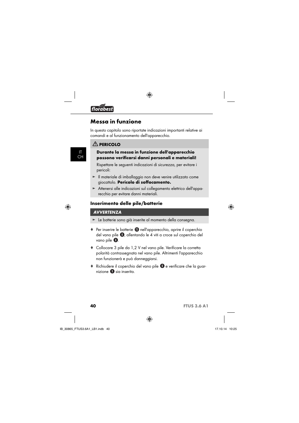Messa in funzione, Inserimento delle pile/batterie | Florabest FTUS 3.6 A1 User Manual | Page 43 / 66