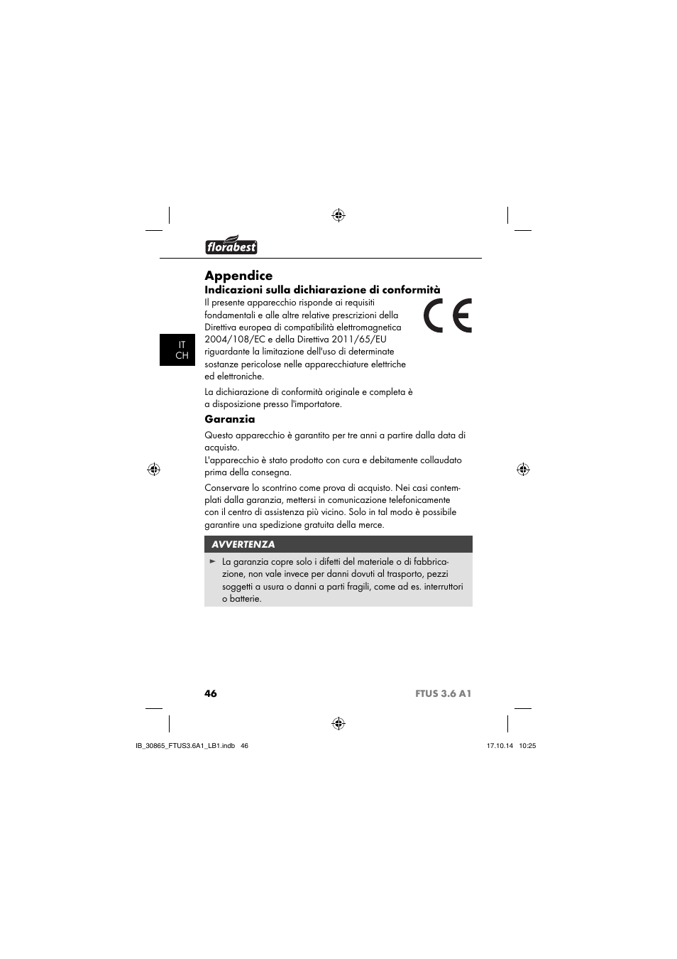 Appendice, Indicazioni sulla dichiarazione di conformità, Garanzia | Florabest FTUS 3.6 A1 User Manual | Page 49 / 66