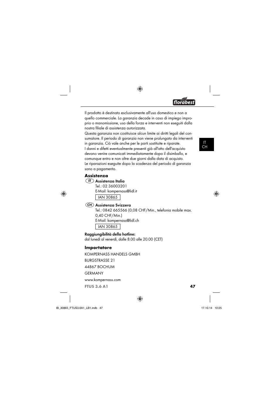 Assistenza, Importatore | Florabest FTUS 3.6 A1 User Manual | Page 50 / 66