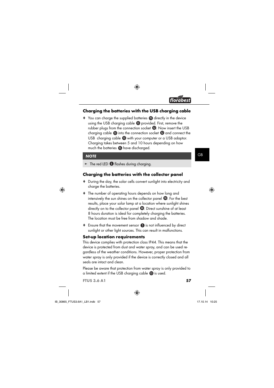 Charging the batteries with the usb charging cable, Charging the batteries with the collector panel, Set-up location requirements | Florabest FTUS 3.6 A1 User Manual | Page 60 / 66
