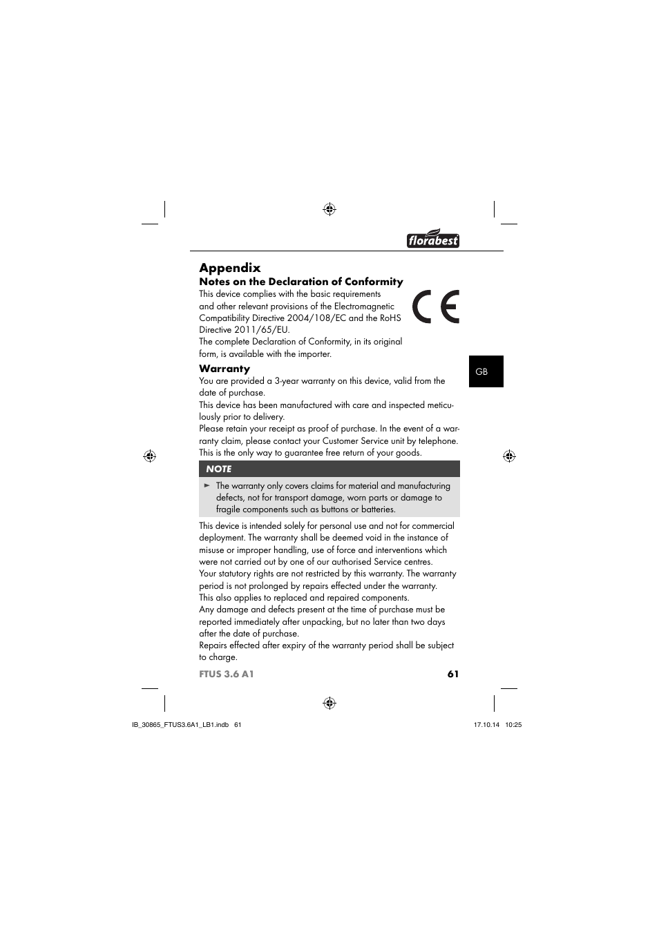 Appendix, Warranty | Florabest FTUS 3.6 A1 User Manual | Page 64 / 66