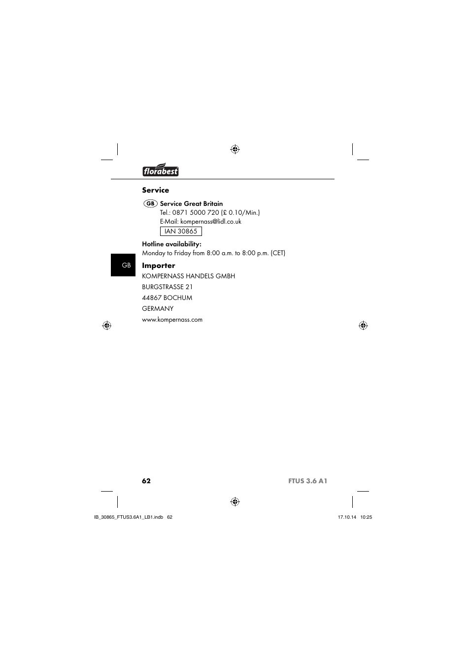 Service, Importer | Florabest FTUS 3.6 A1 User Manual | Page 65 / 66