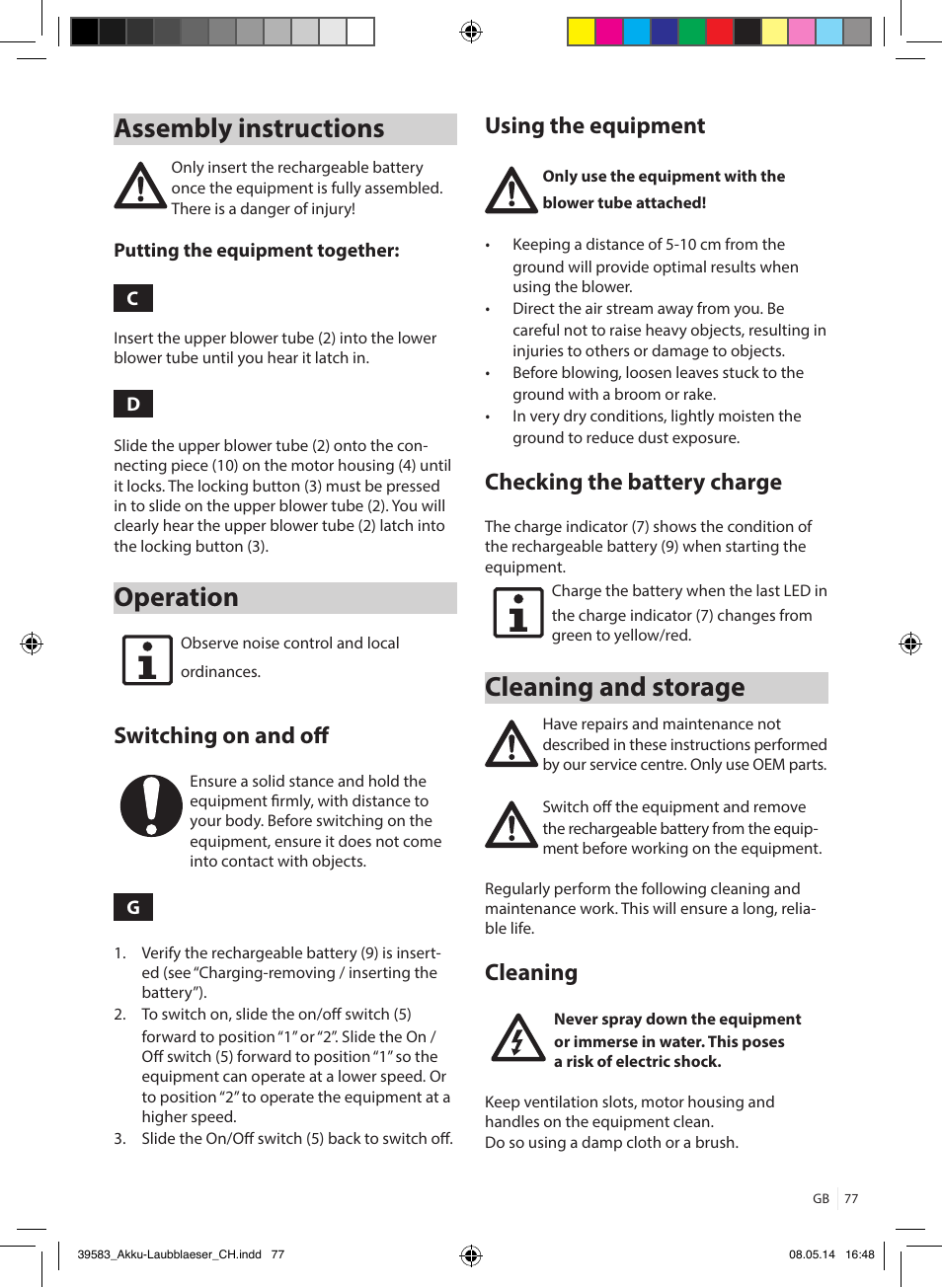 Assembly instructions, Operation, Cleaning and storage | Switching on and off, Using the equipment, Checking the battery charge, Cleaning | Florabest FLBA 18 A1 User Manual | Page 77 / 84