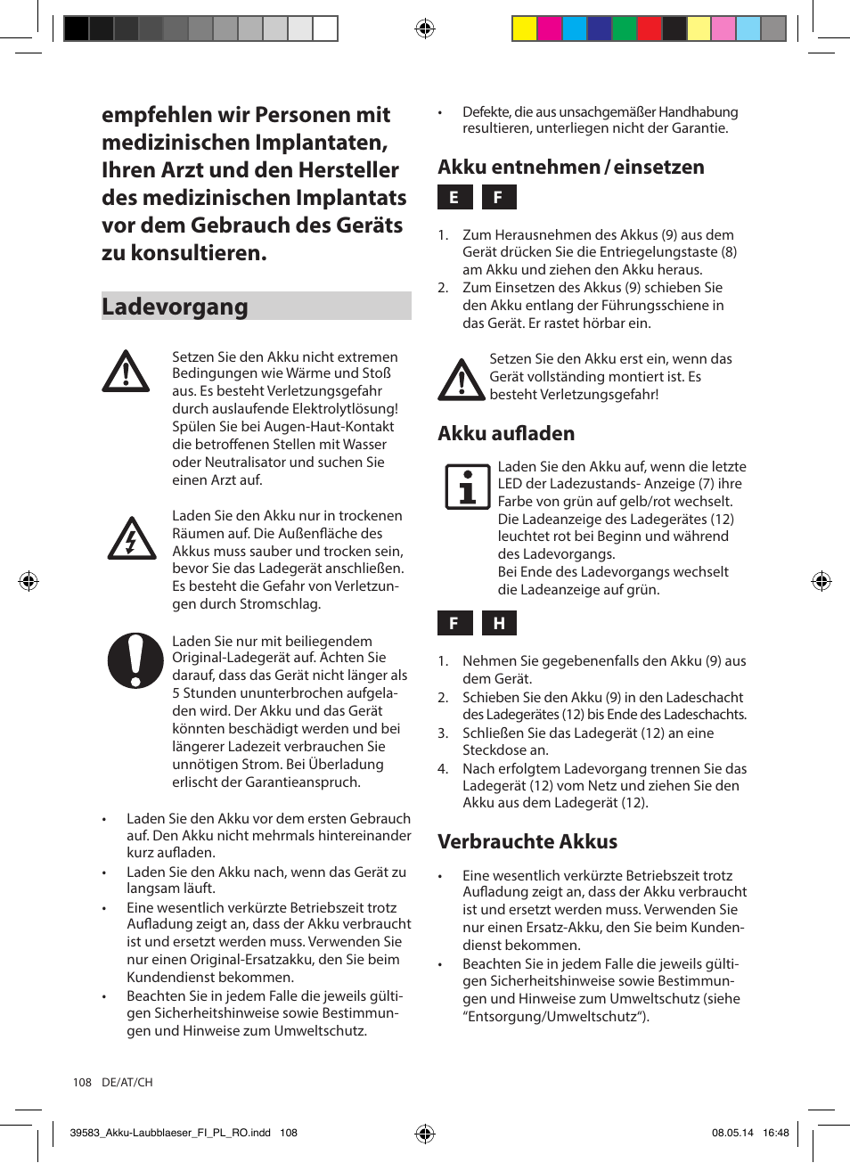 Ladevorgang, Akku entnehmen / einsetzen, Akku aufladen | Verbrauchte akkus | Florabest FLBA 18 A1 User Manual | Page 108 / 117