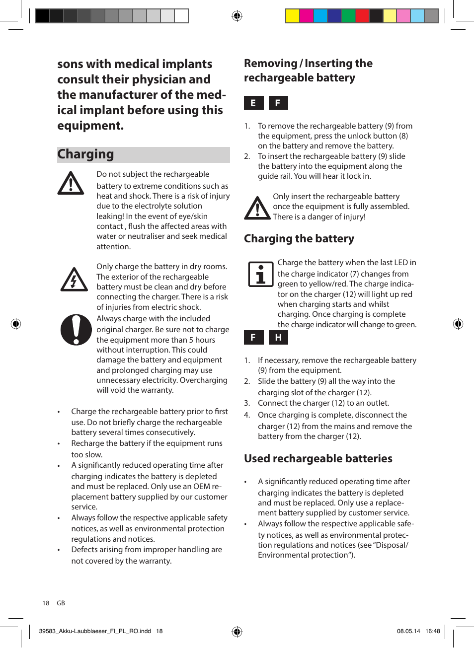 Charging, Removing / inserting the rechargeable battery, Charging the battery | Used rechargeable batteries | Florabest FLBA 18 A1 User Manual | Page 18 / 117