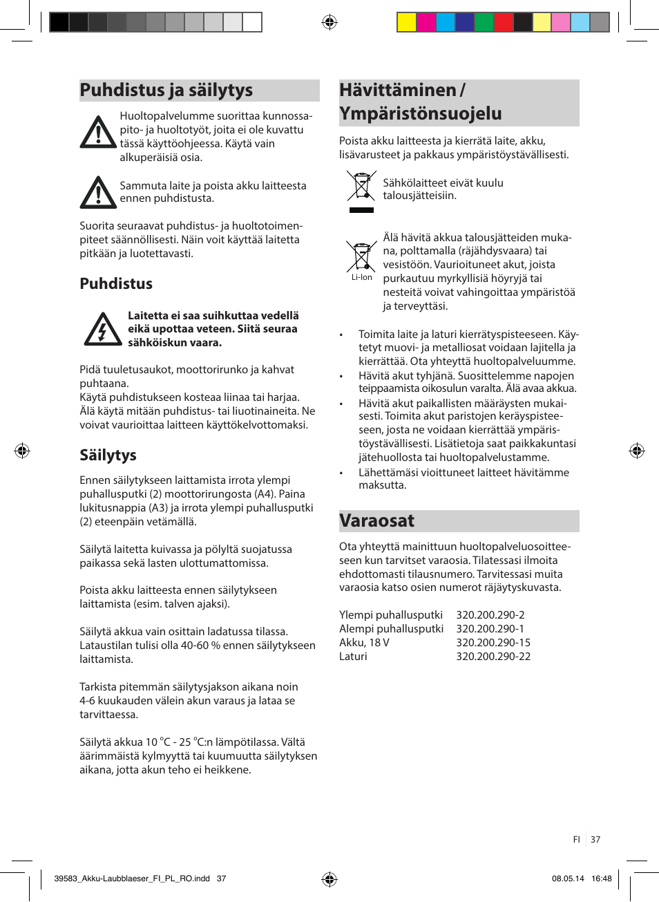 Puhdistus ja säilytys, Hävittäminen / ympäristönsuojelu, Varaosat | Puhdistus, Säilytys | Florabest FLBA 18 A1 User Manual | Page 37 / 117