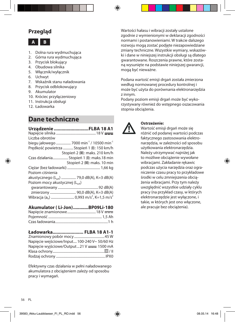 Dane techniczne, Przegląd | Florabest FLBA 18 A1 User Manual | Page 56 / 117