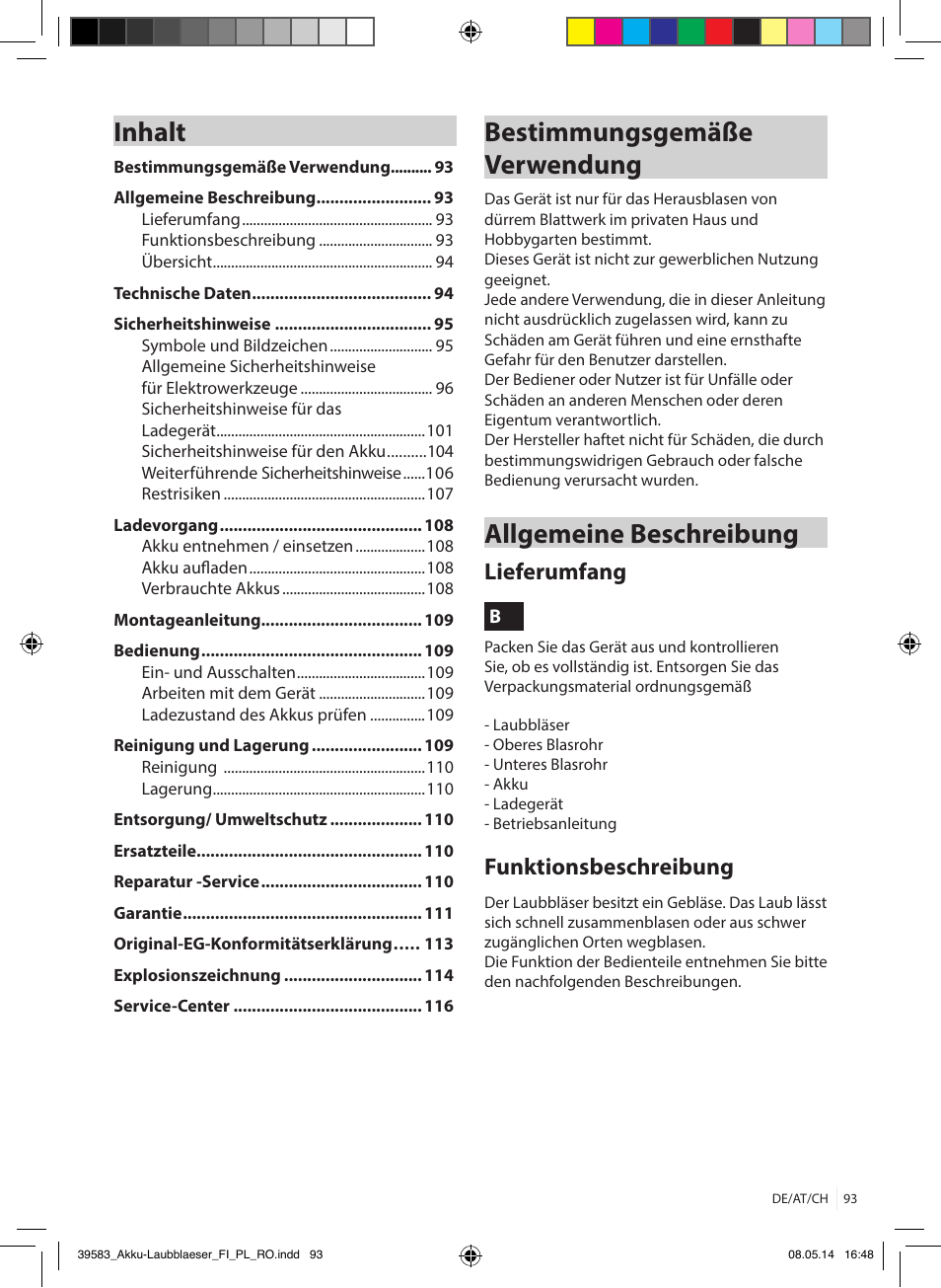 Inhalt, Bestimmungsgemäße verwendung, Allgemeine beschreibung | Lieferumfang, Funktionsbeschreibung | Florabest FLBA 18 A1 User Manual | Page 93 / 117