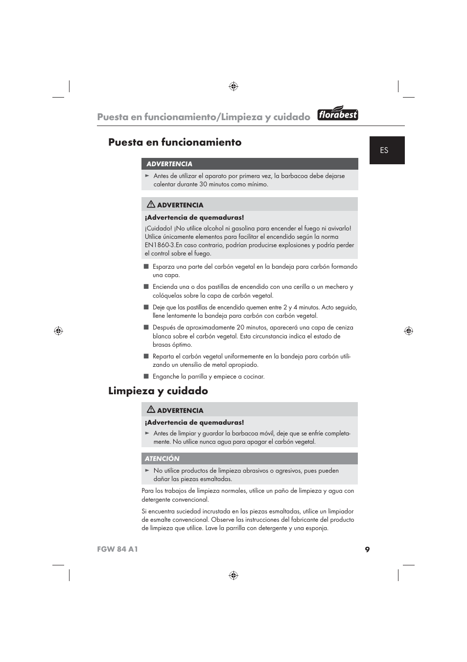 Puesta en funcionamiento, Limpieza y cuidado, Puesta en funcionamiento/limpieza y cuidado | Florabest FGW 84 A1 User Manual | Page 11 / 62
