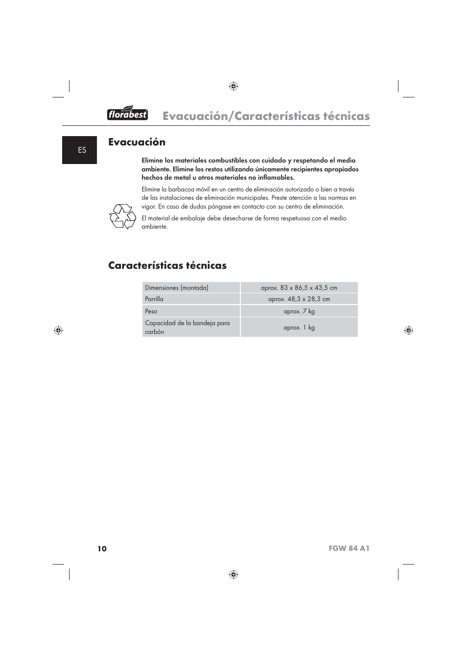 Evacuación/características técnicas, Evacuación, Características técnicas | Florabest FGW 84 A1 User Manual | Page 12 / 62