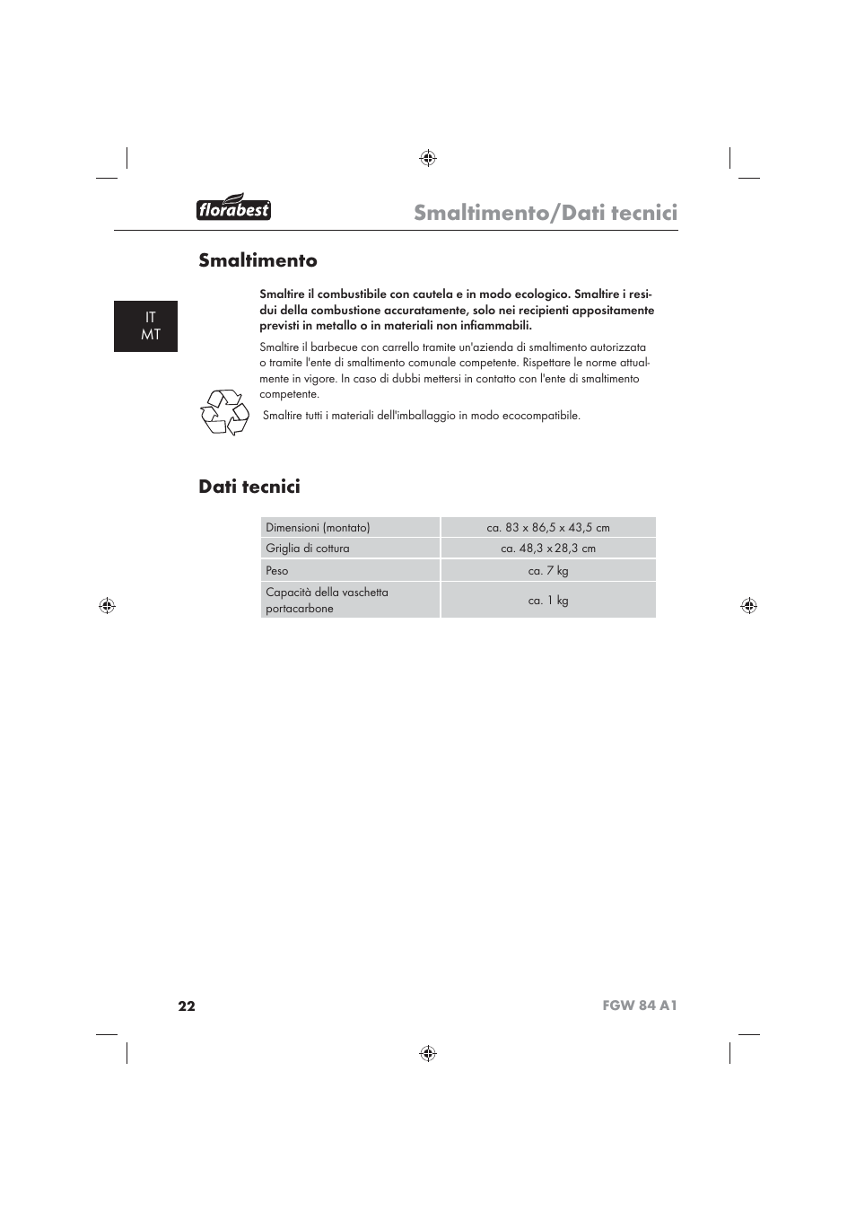 Smaltimento/dati tecnici, Smaltimento, Dati tecnici | It mt | Florabest FGW 84 A1 User Manual | Page 24 / 62