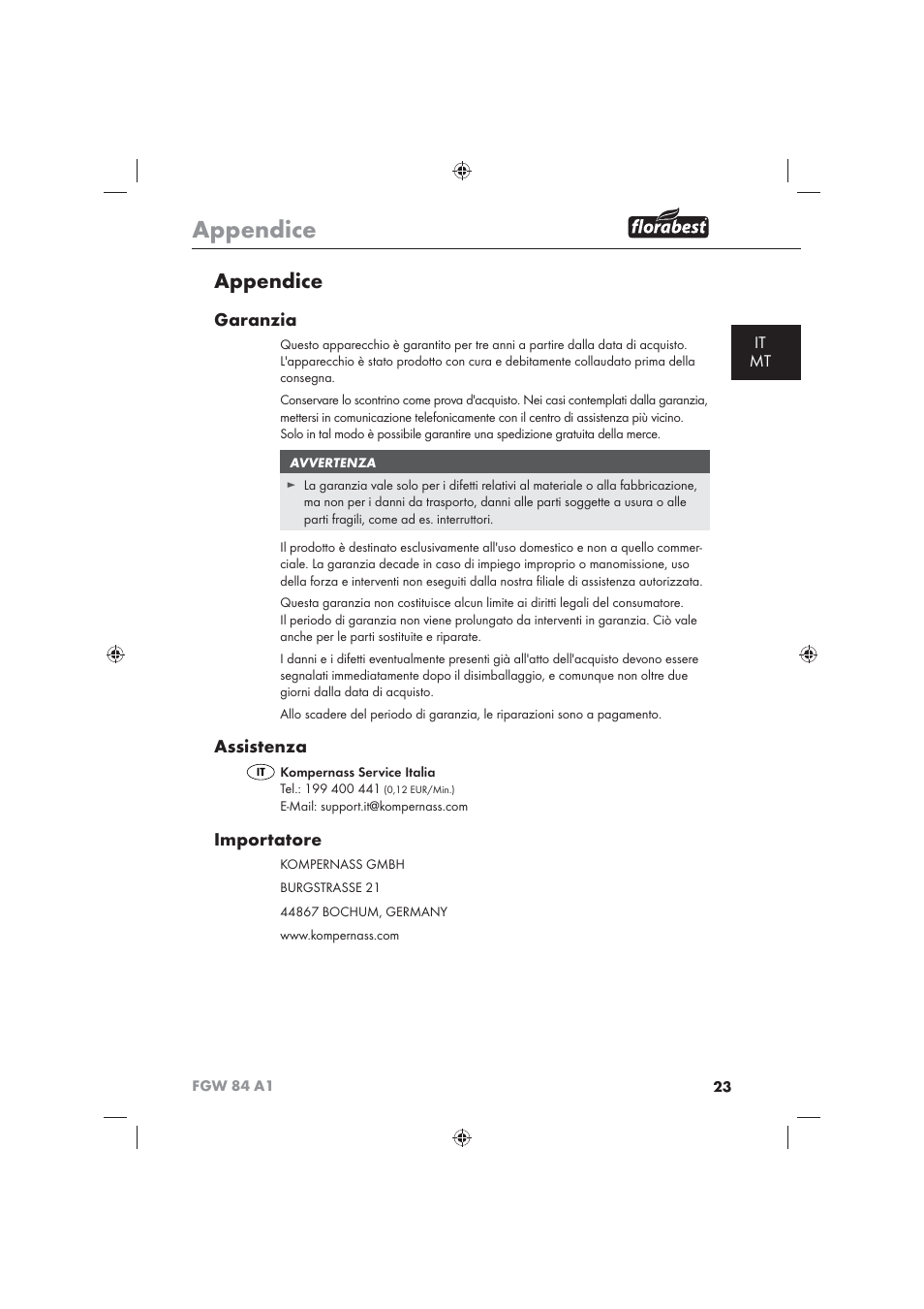 Appendice, Garanzia, Assistenza | Importatore, It mt | Florabest FGW 84 A1 User Manual | Page 25 / 62