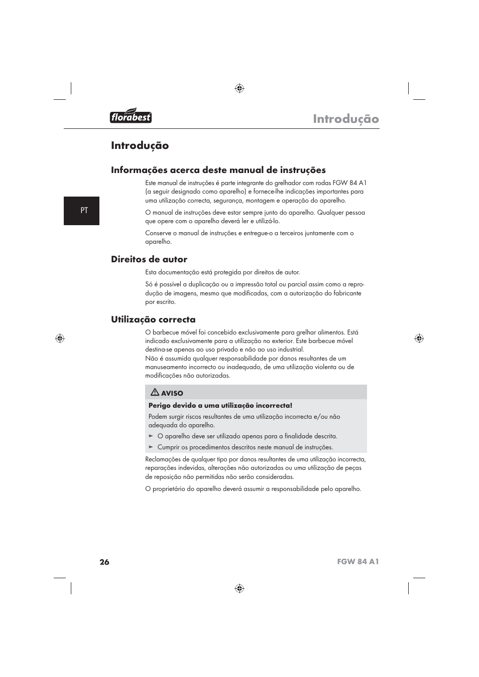 Introdução, Informações acerca deste manual de instruções, Direitos de autor | Utilização correcta | Florabest FGW 84 A1 User Manual | Page 28 / 62
