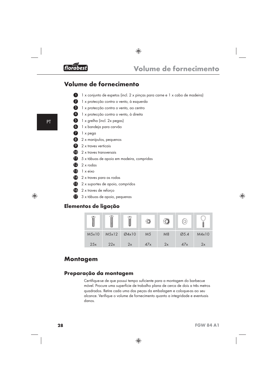 Volume de fornecimento, Montagem, Elementos de ligação | Preparação da montagem | Florabest FGW 84 A1 User Manual | Page 30 / 62