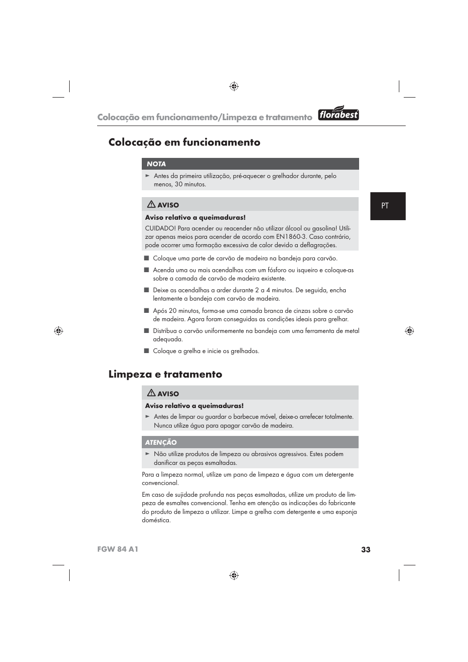 Colocação em funcionamento, Limpeza e tratamento, Colocação em funcionamento/limpeza e tratamento | Florabest FGW 84 A1 User Manual | Page 35 / 62