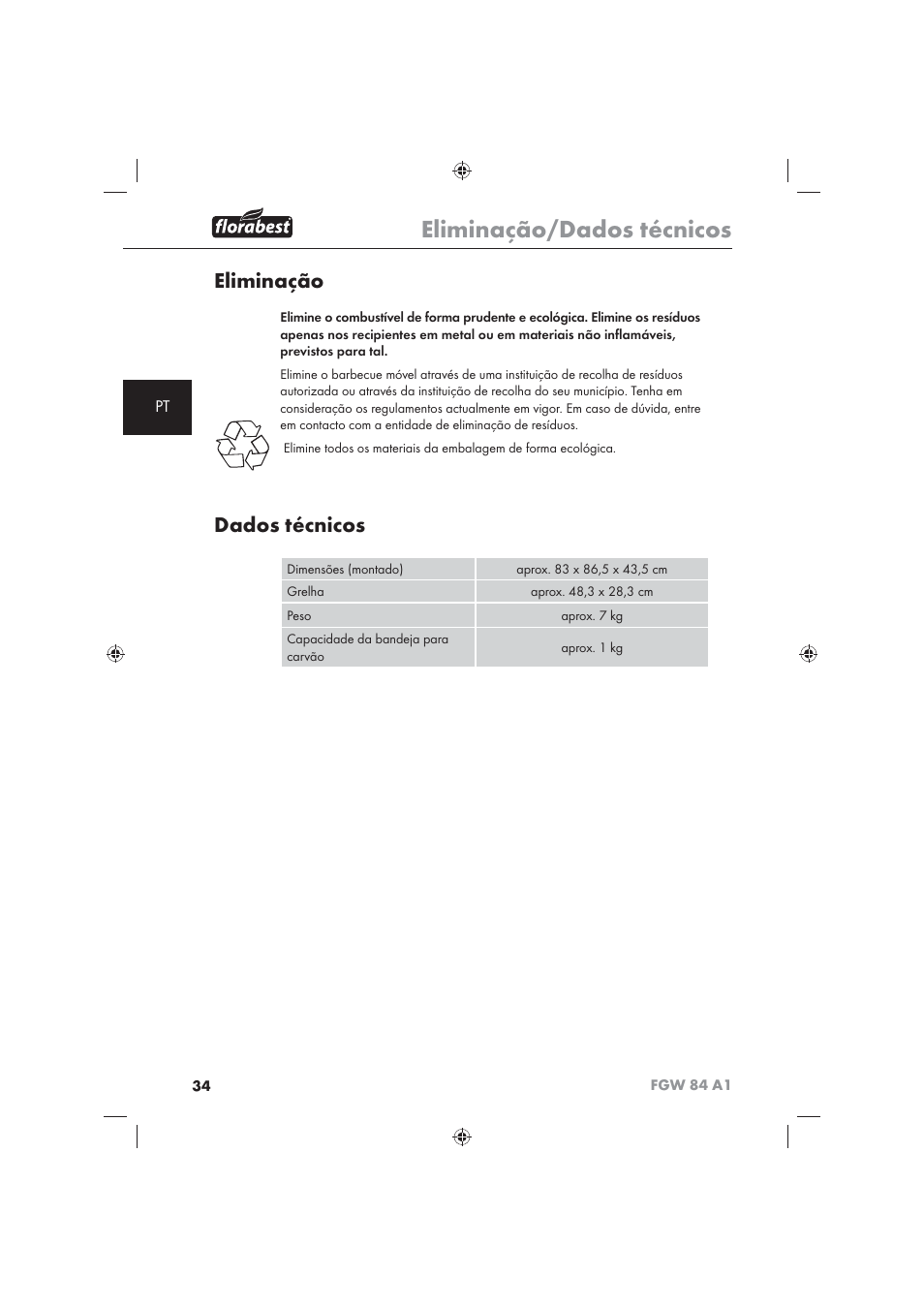 Eliminação/dados técnicos, Eliminação, Dados técnicos | Florabest FGW 84 A1 User Manual | Page 36 / 62