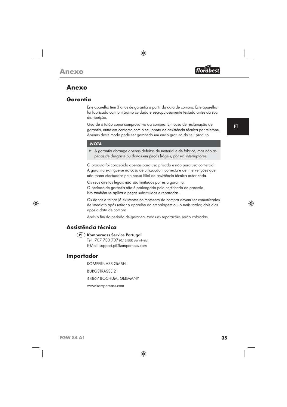 Anexo, Garantia, Assistência técnica | Importador | Florabest FGW 84 A1 User Manual | Page 37 / 62