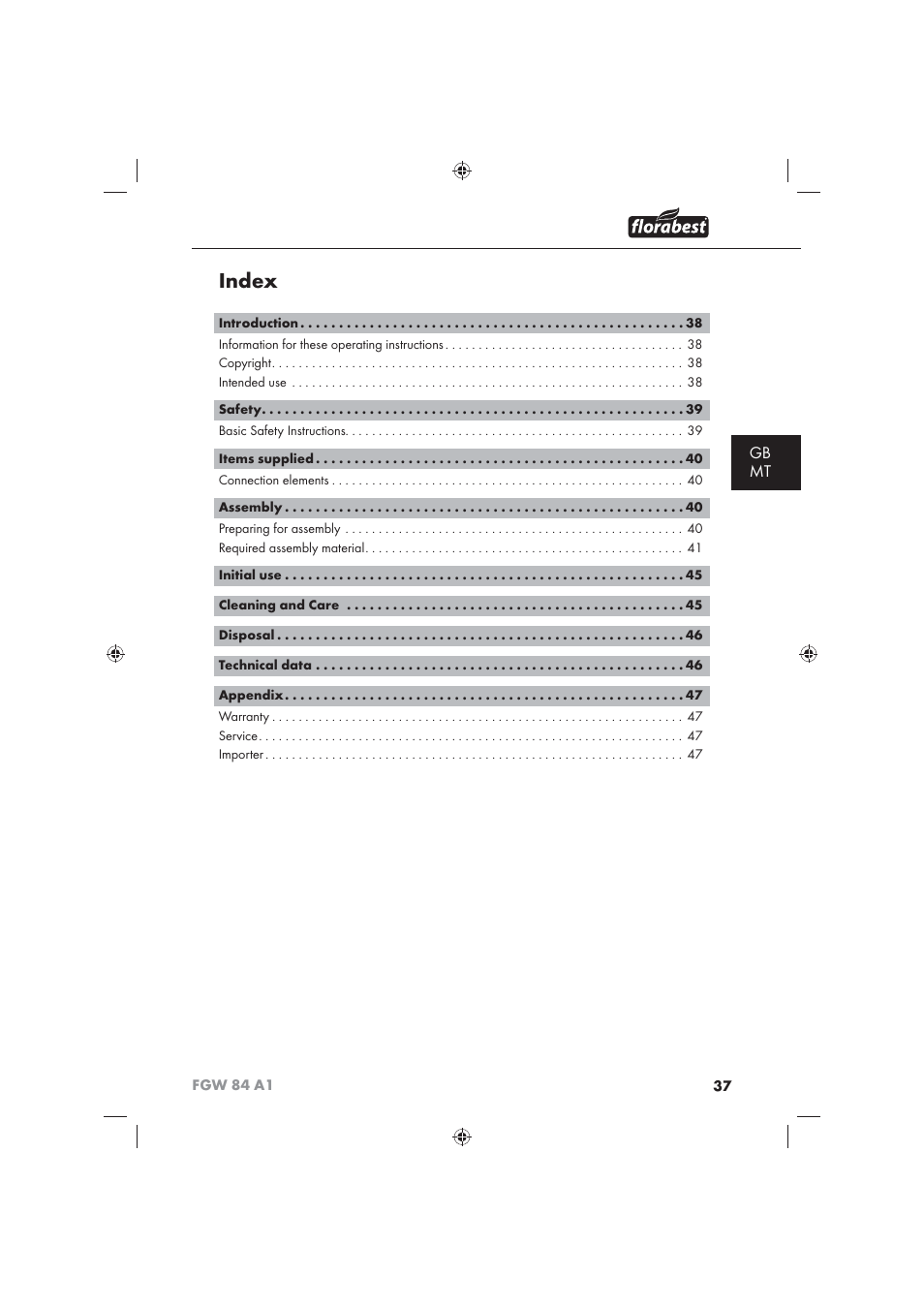 Index, Gb mt | Florabest FGW 84 A1 User Manual | Page 39 / 62