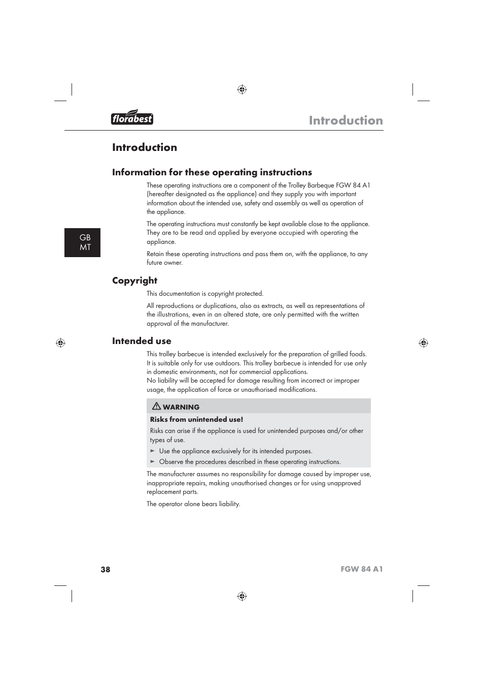 Introduction, Information for these operating instructions, Copyright | Intended use, Gb mt | Florabest FGW 84 A1 User Manual | Page 40 / 62