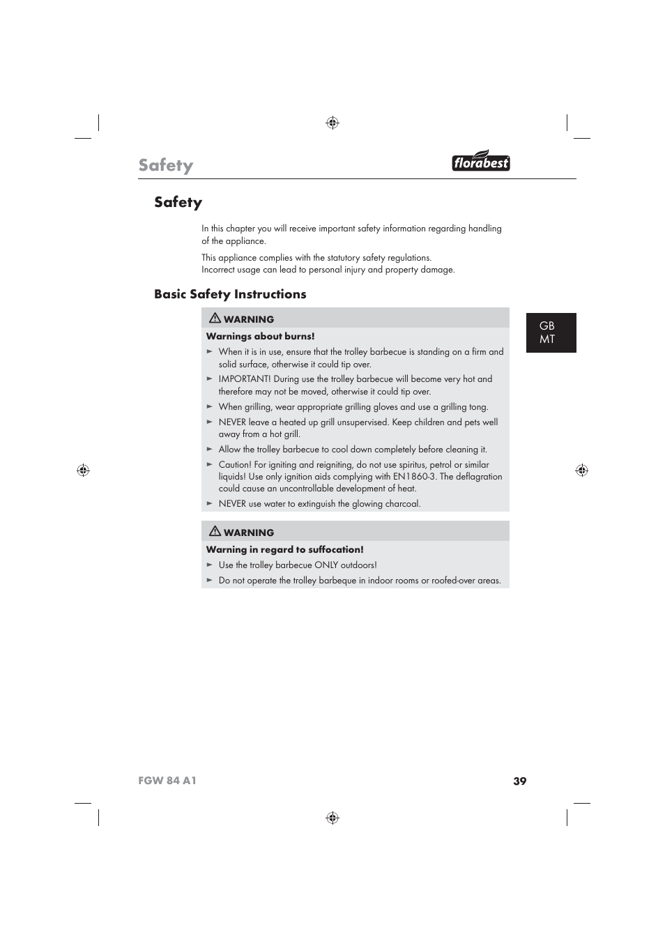 Safety, Basic safety instructions, Gb mt | Florabest FGW 84 A1 User Manual | Page 41 / 62
