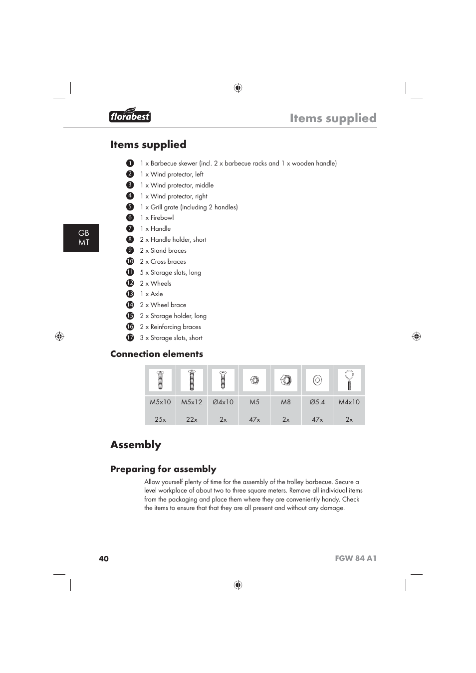 Items supplied, Assembly, Connection elements | Preparing for assembly, Gb mt | Florabest FGW 84 A1 User Manual | Page 42 / 62